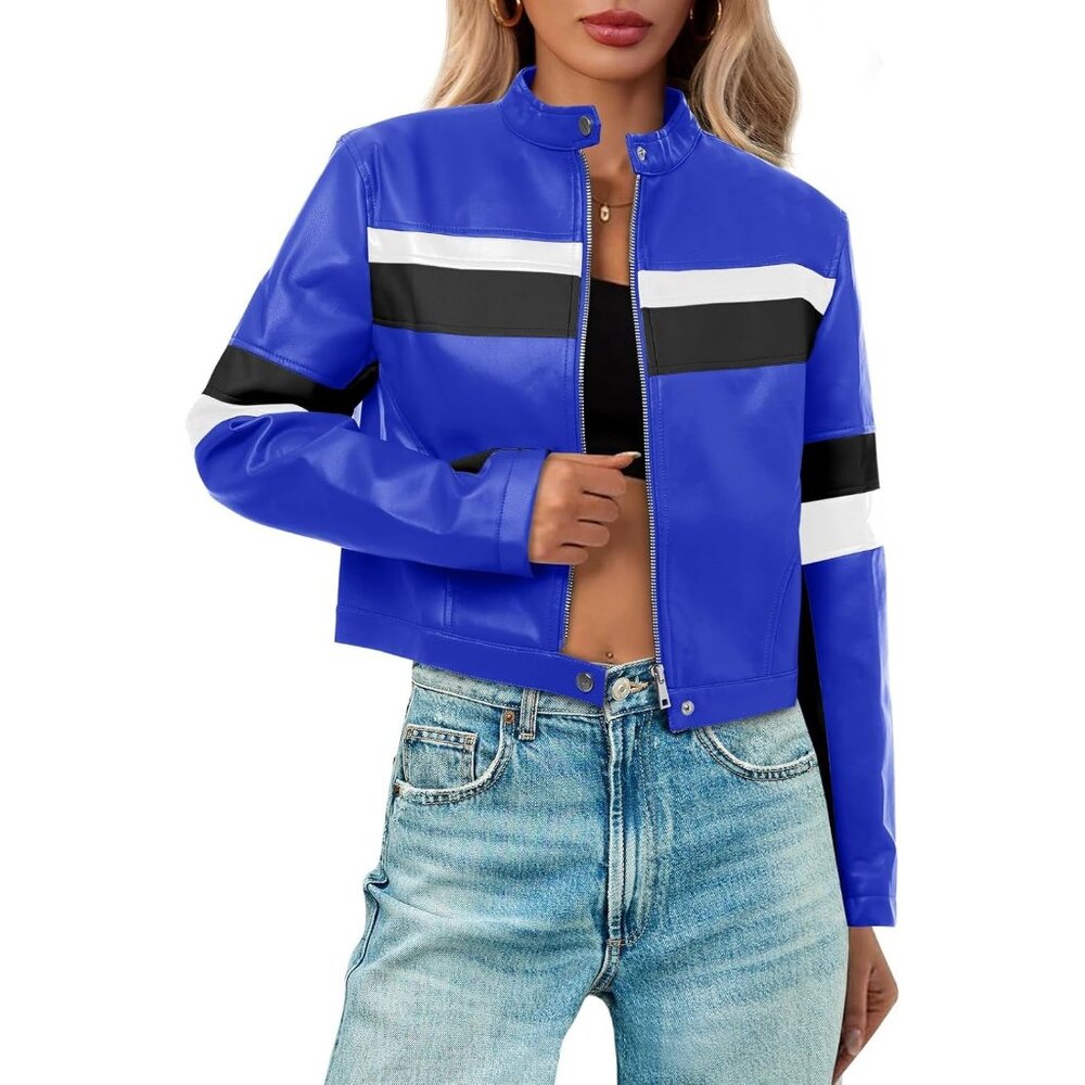 Women's Royal Blue Leather Cropped Moto Biker Vintage Racing Jackets